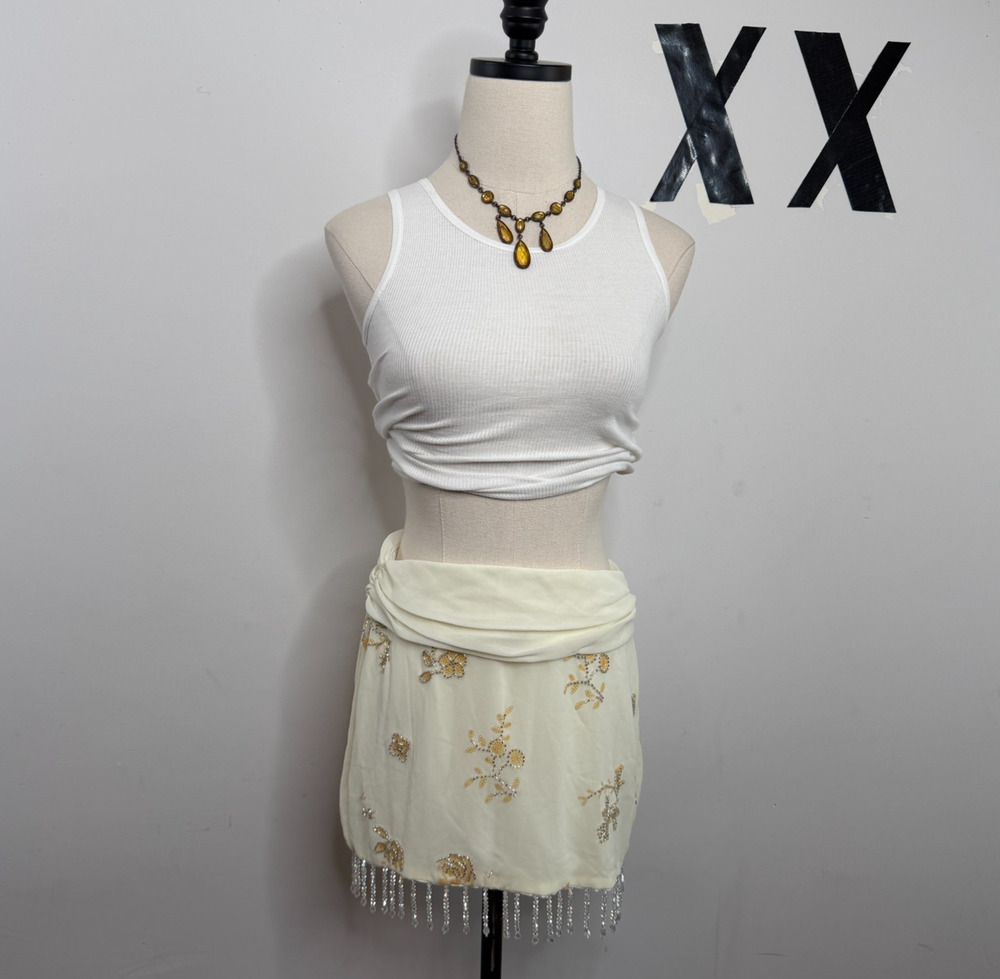 Apricot Crystal Bead Fringe Sequin Draped Ruched Party Mini Skirt NWT Sample S